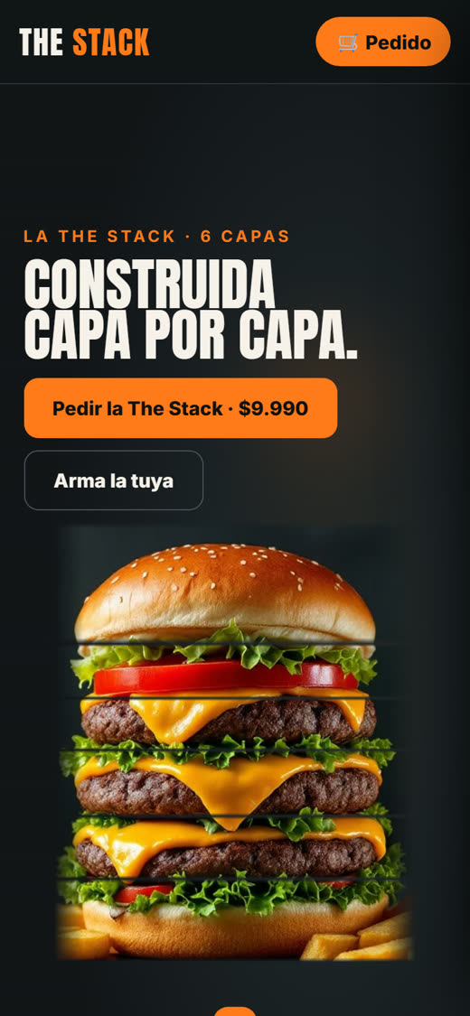 La página de una hamburguesería hecha con TuCrea, vista en un celular